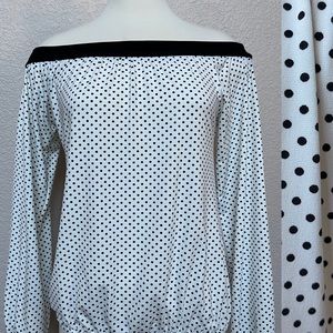 Off-The-Shoulder White Blouse w/ Black Polka Dots